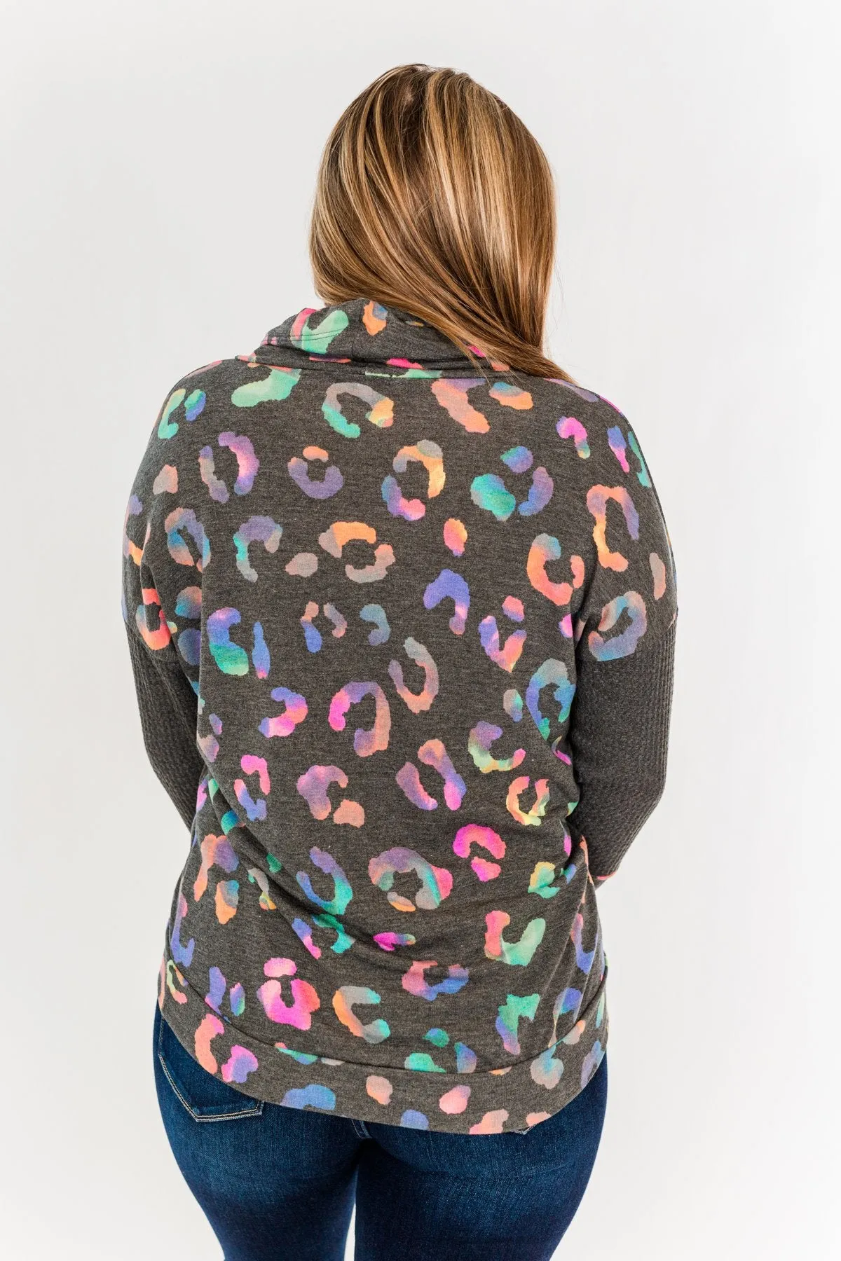 Crazy About Color Cowl Neck Top- Charcoal & Multi-Color