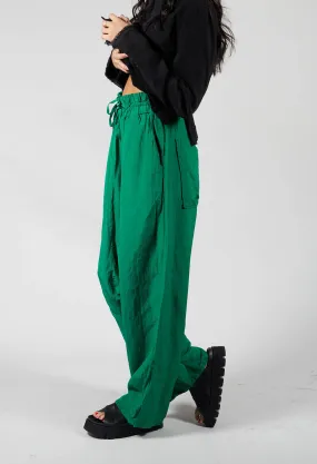 Cropped Linen Drop Crotch Trousers in Green