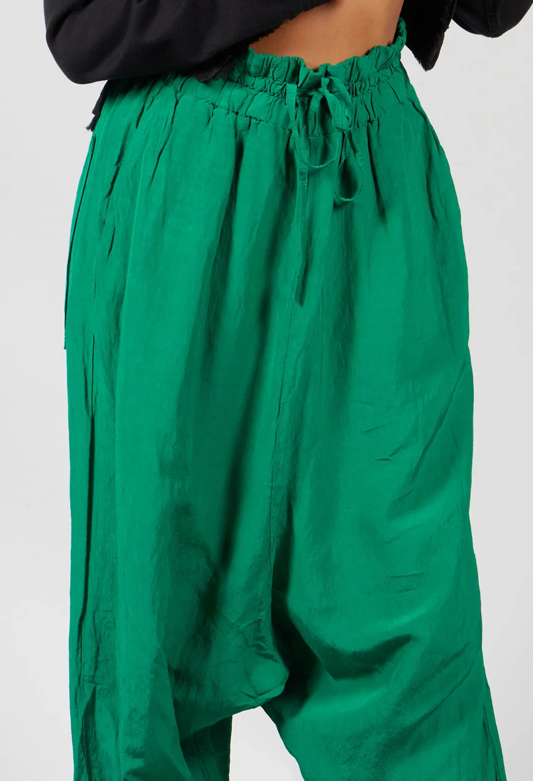 Cropped Linen Drop Crotch Trousers in Green