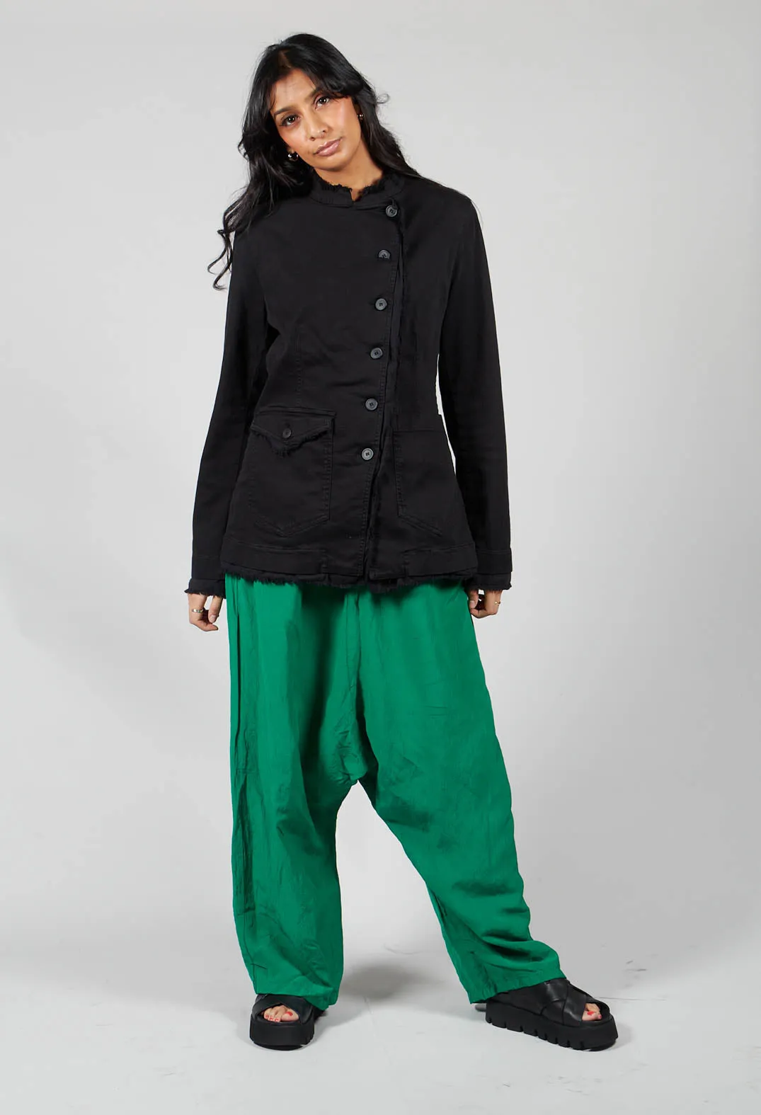 Cropped Linen Drop Crotch Trousers in Green