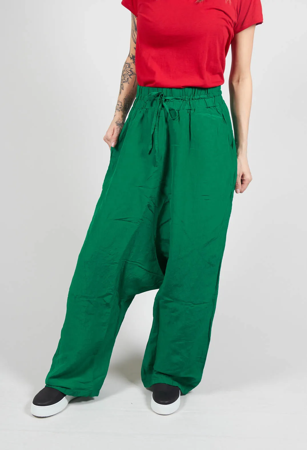 Cropped Linen Drop Crotch Trousers in Green