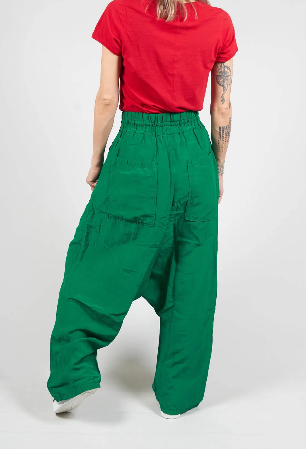 Cropped Linen Drop Crotch Trousers in Green