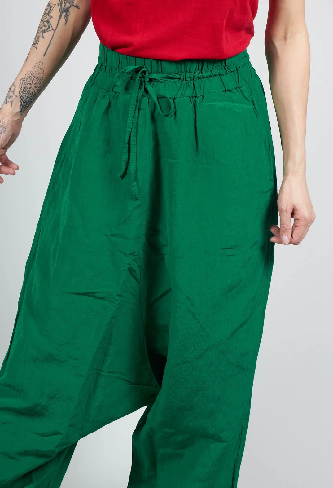 Cropped Linen Drop Crotch Trousers in Green