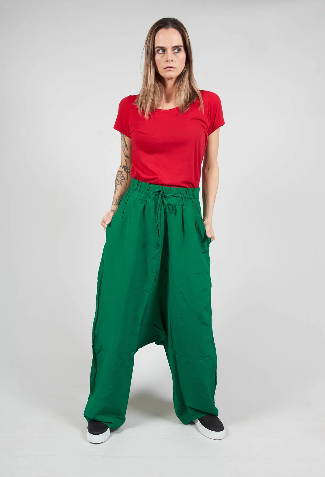 Cropped Linen Drop Crotch Trousers in Green