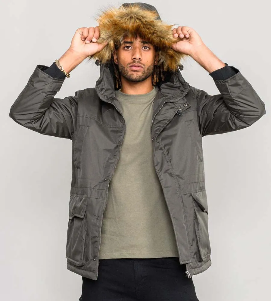 D555 Mens Khaki Parka Style Jacket With Detachable Fur Trim (LOVETT KHAKI)