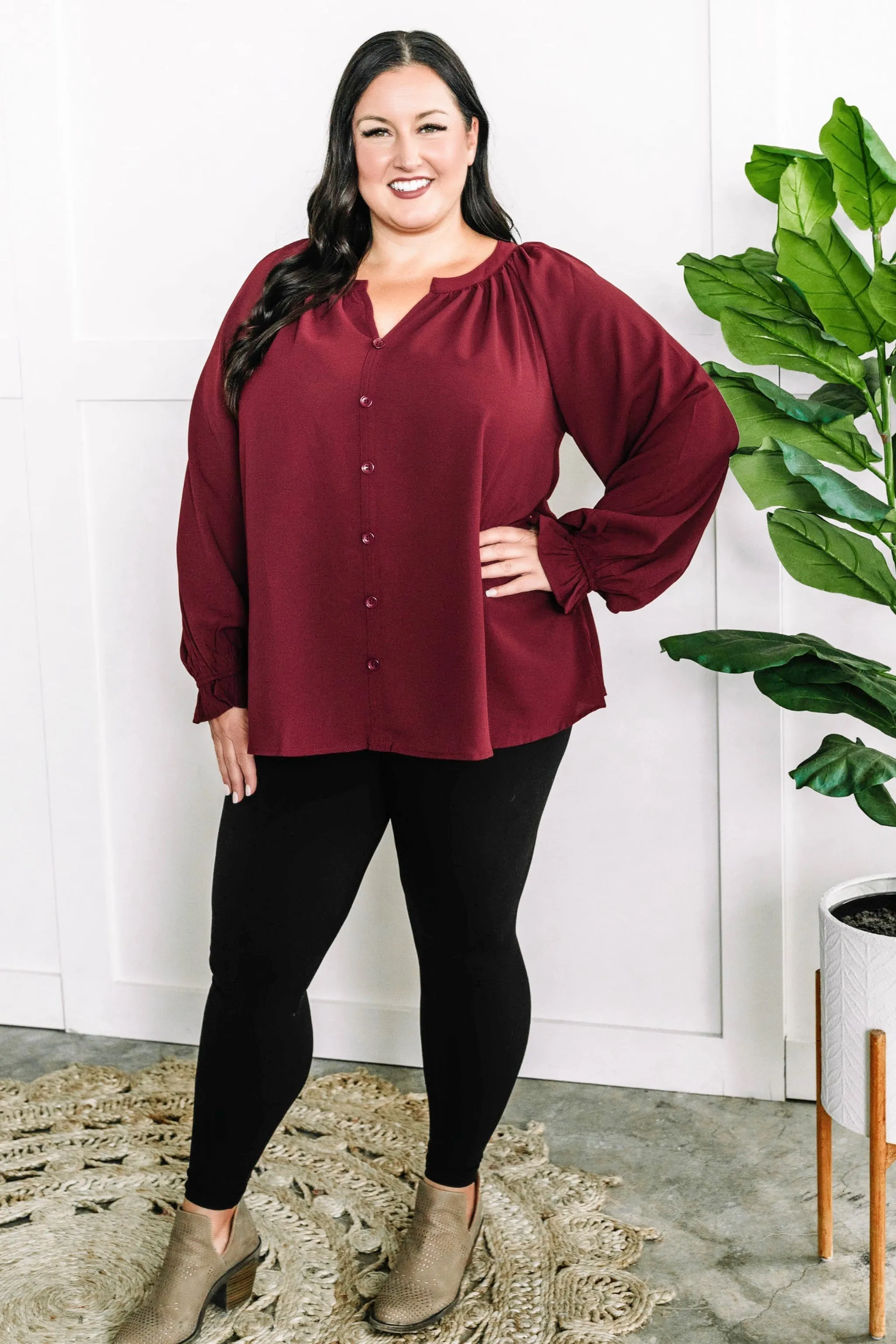 Decorative Button Front Blouse In Cranberry