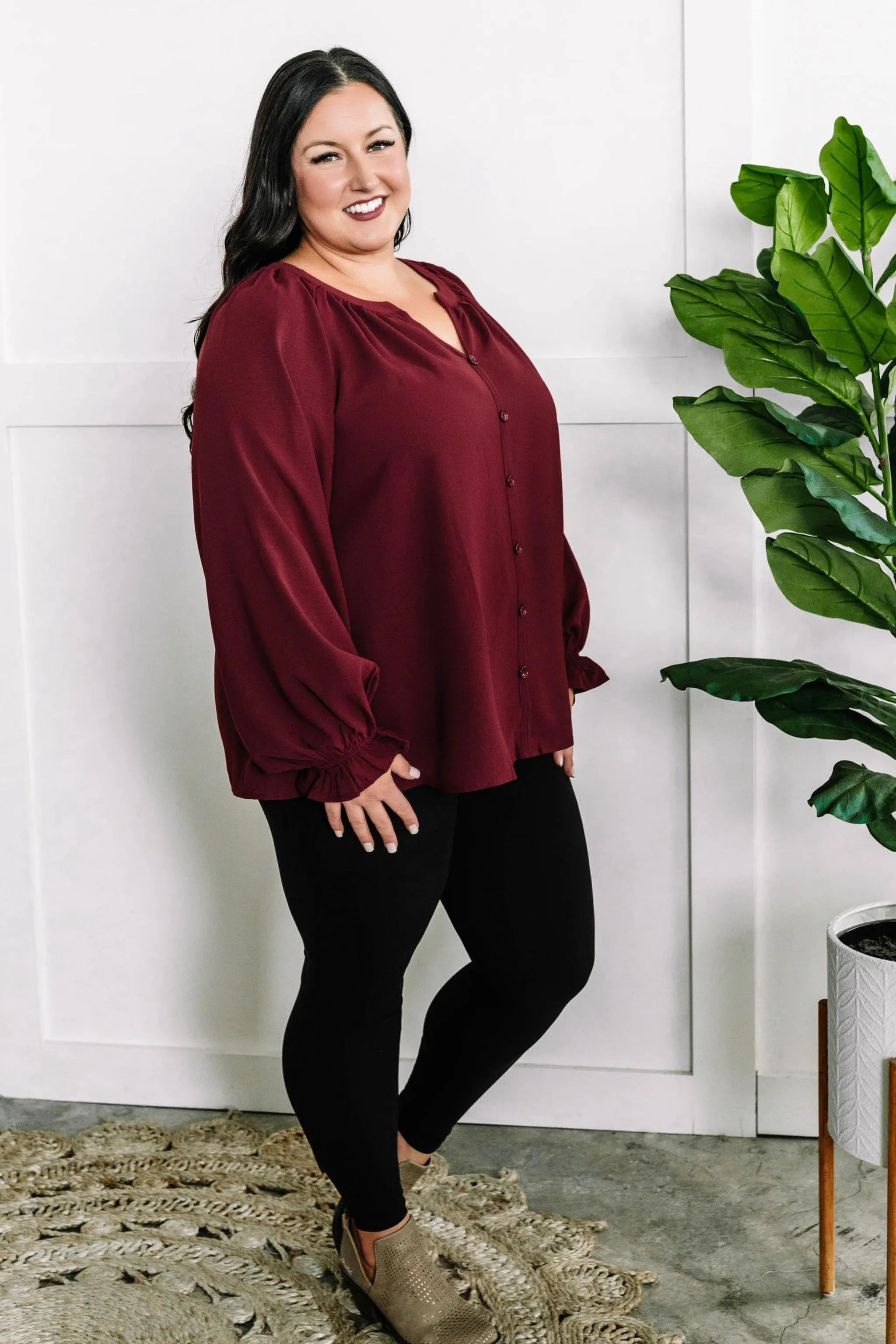 Decorative Button Front Blouse In Cranberry