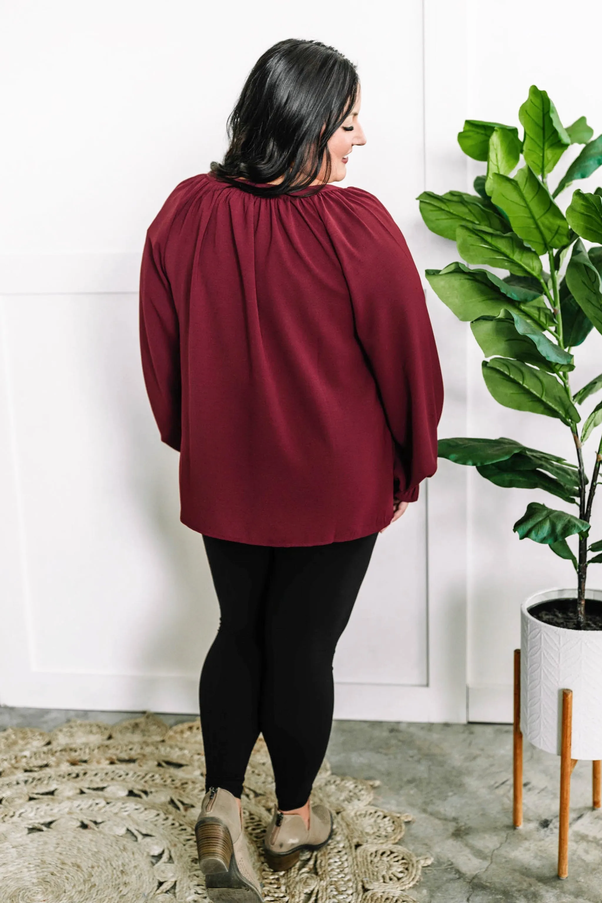 Decorative Button Front Blouse In Cranberry