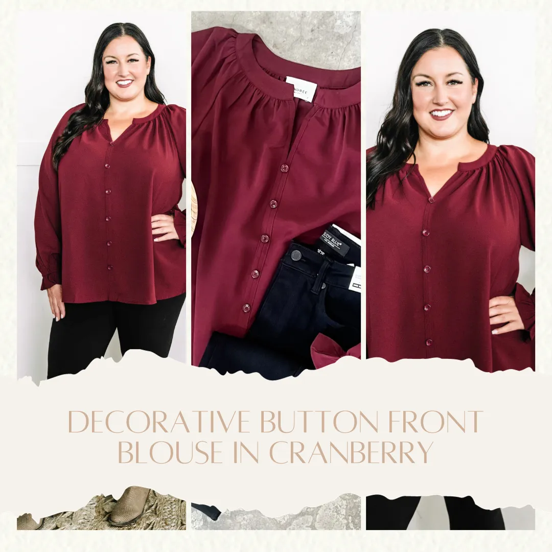 Decorative Button Front Blouse In Cranberry