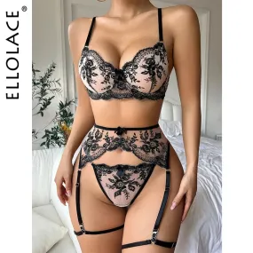 Delicate Lingerie Fancy Lace Underwear 3-Piece Transparent Bra And Panty Set