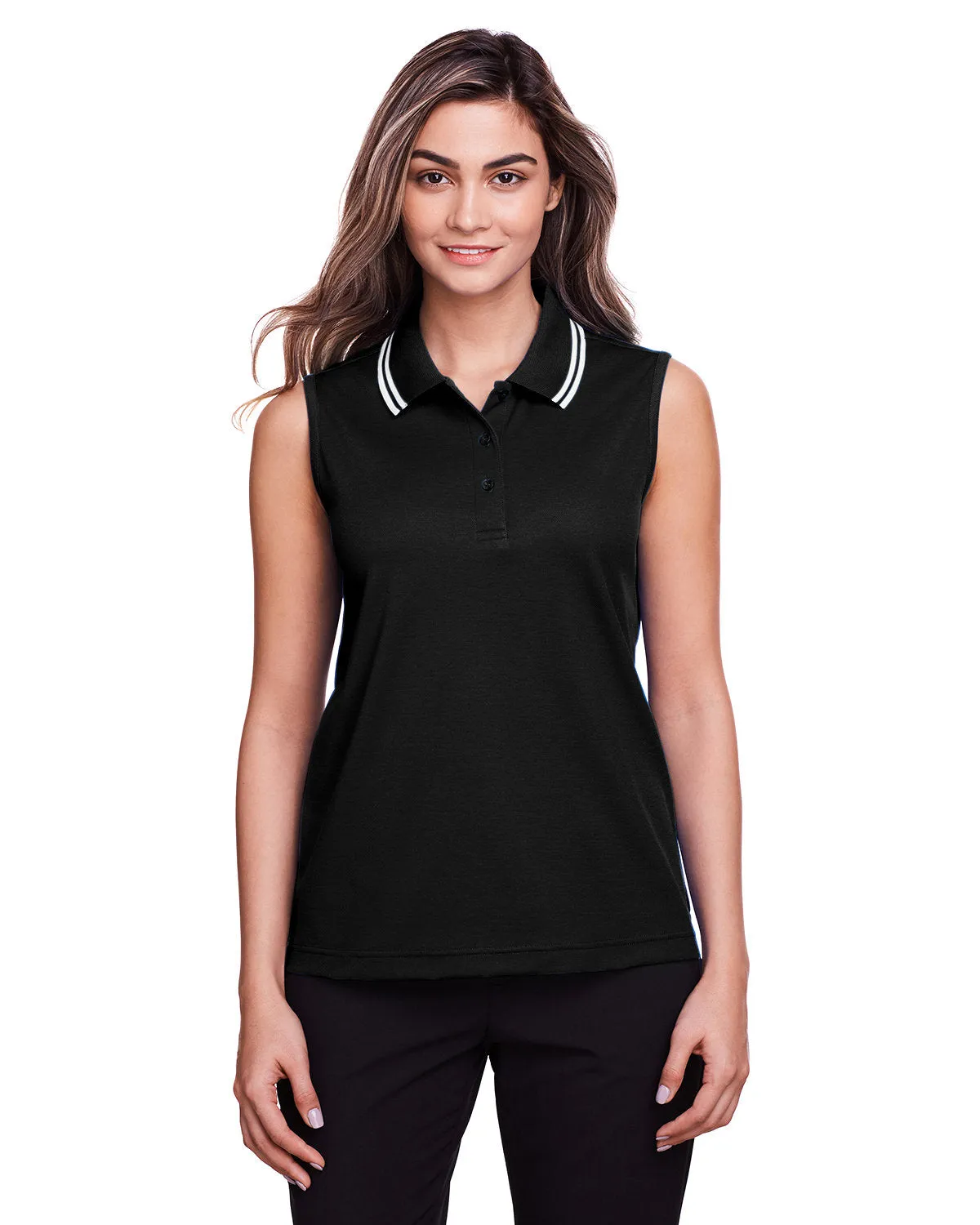 Devon & Jones Ladies' CrownLux Performance Plaited Tipped Sleeveless Polo