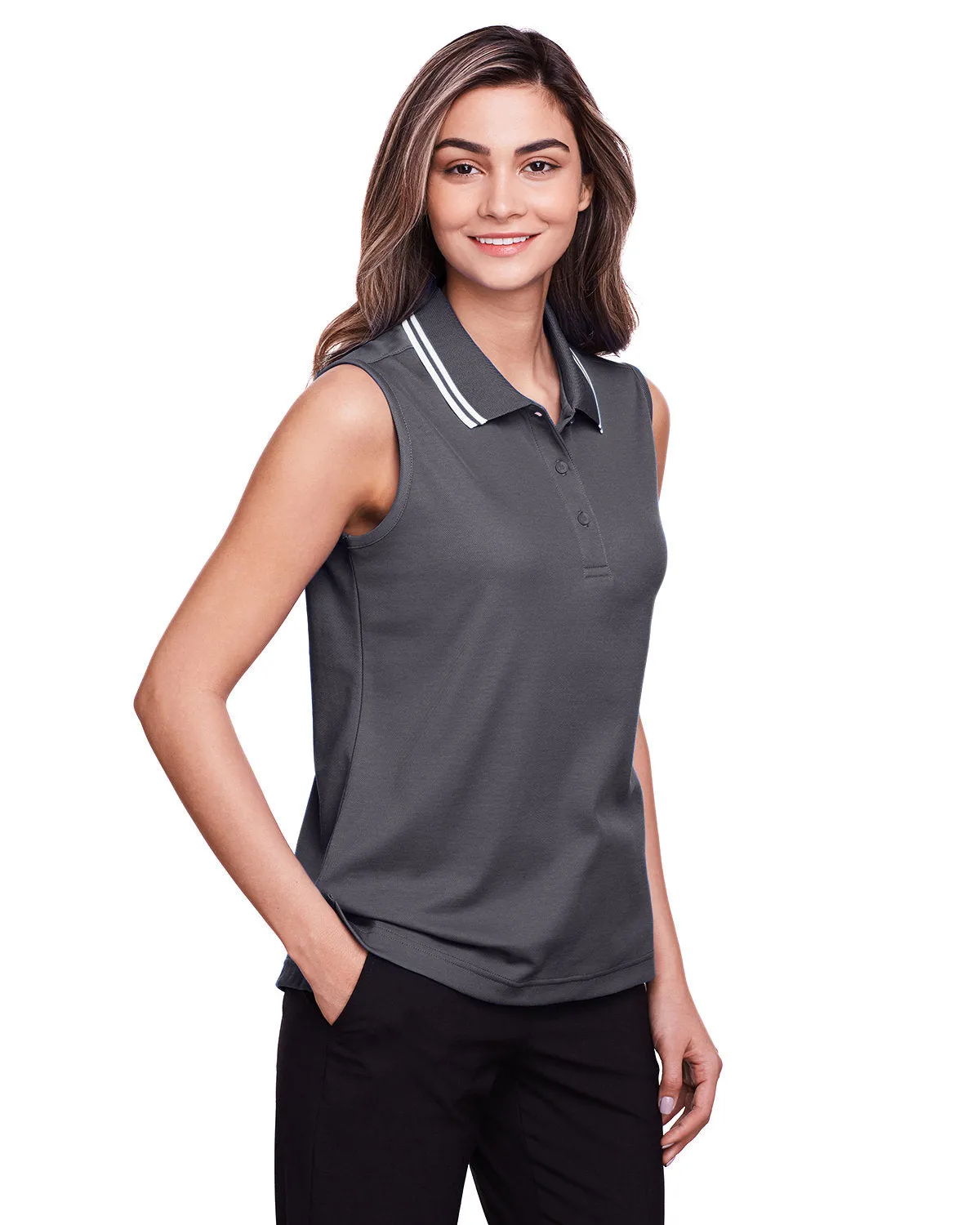 Devon & Jones Ladies' CrownLux Performance Plaited Tipped Sleeveless Polo