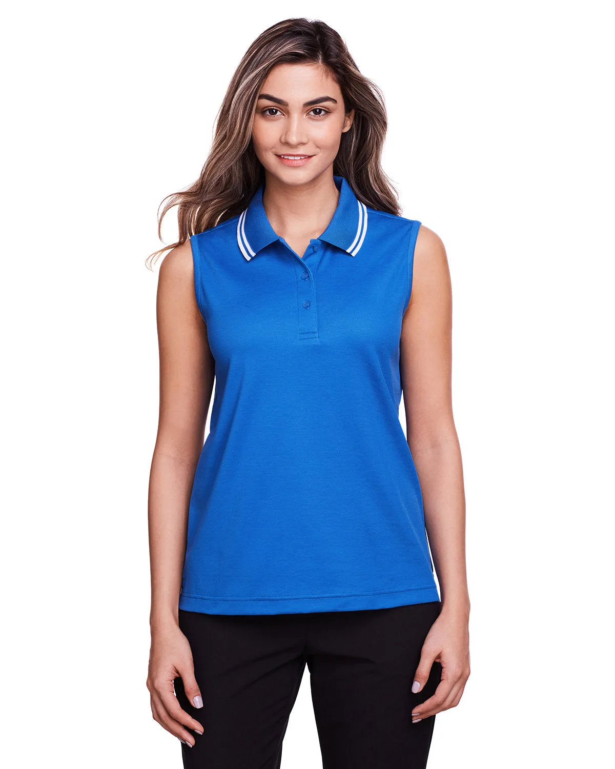 Devon & Jones Ladies' CrownLux Performance Plaited Tipped Sleeveless Polo