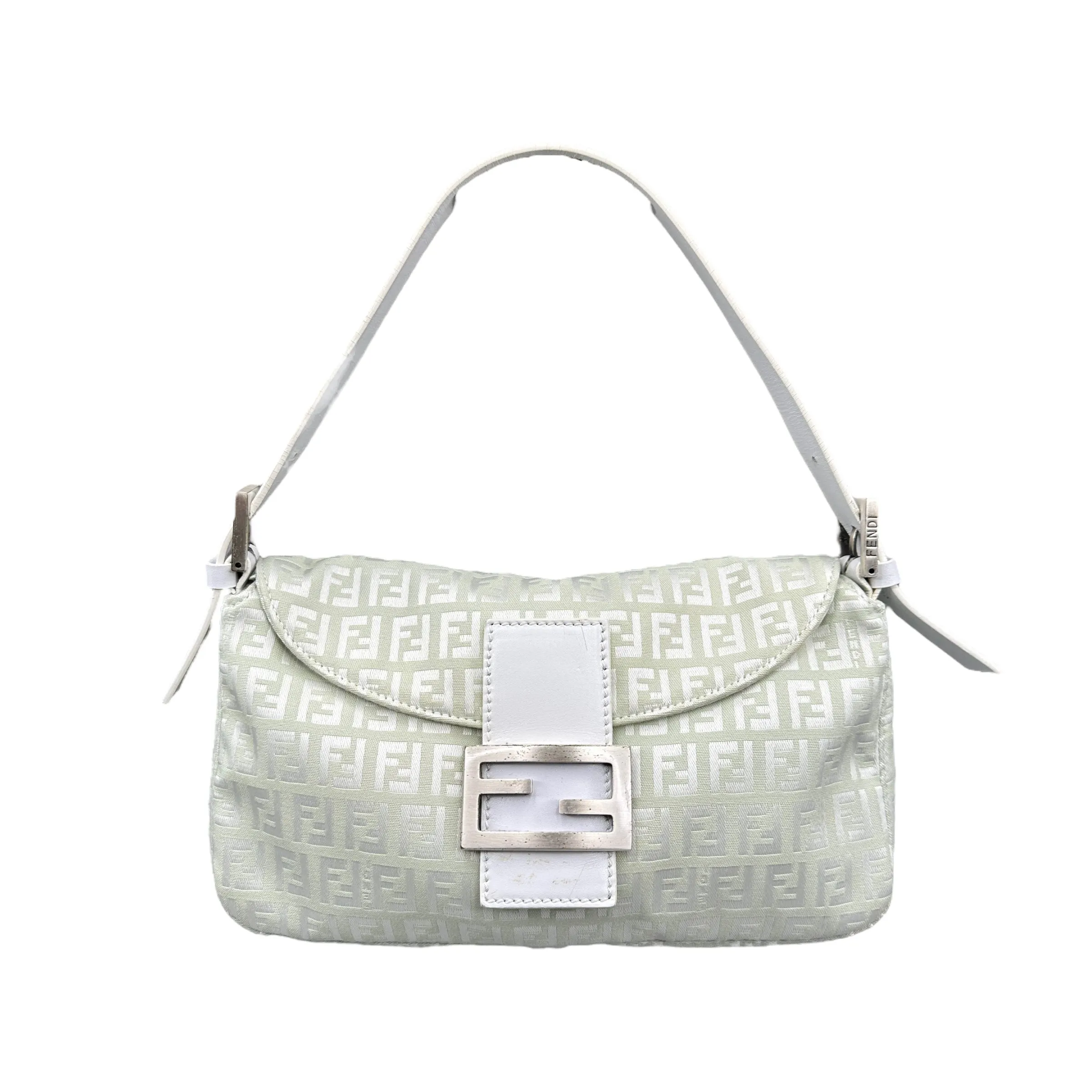 FENDI MINT / WHITE ZUCCHINO CANVAS FLAP BAGUETTE BAG