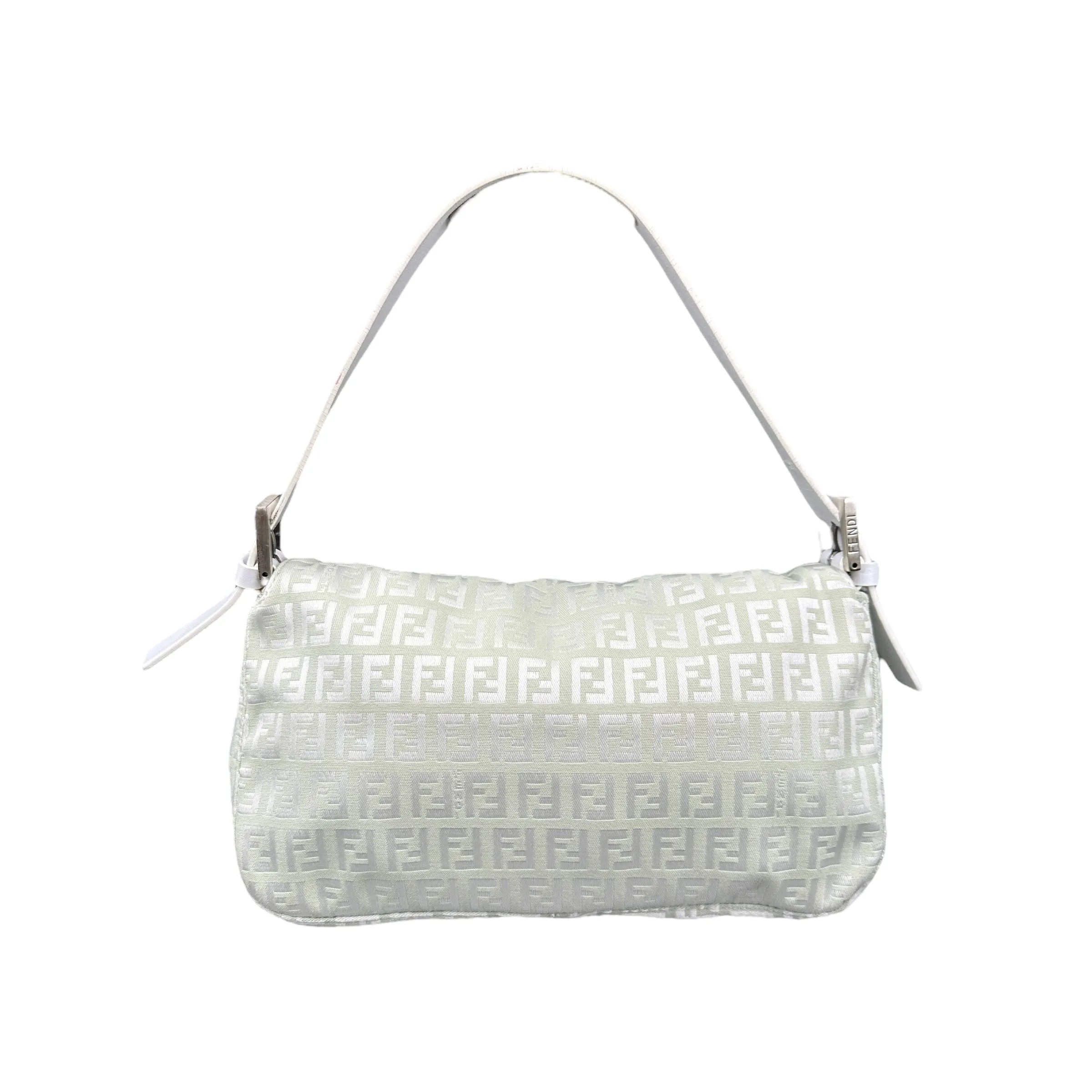 FENDI MINT / WHITE ZUCCHINO CANVAS FLAP BAGUETTE BAG