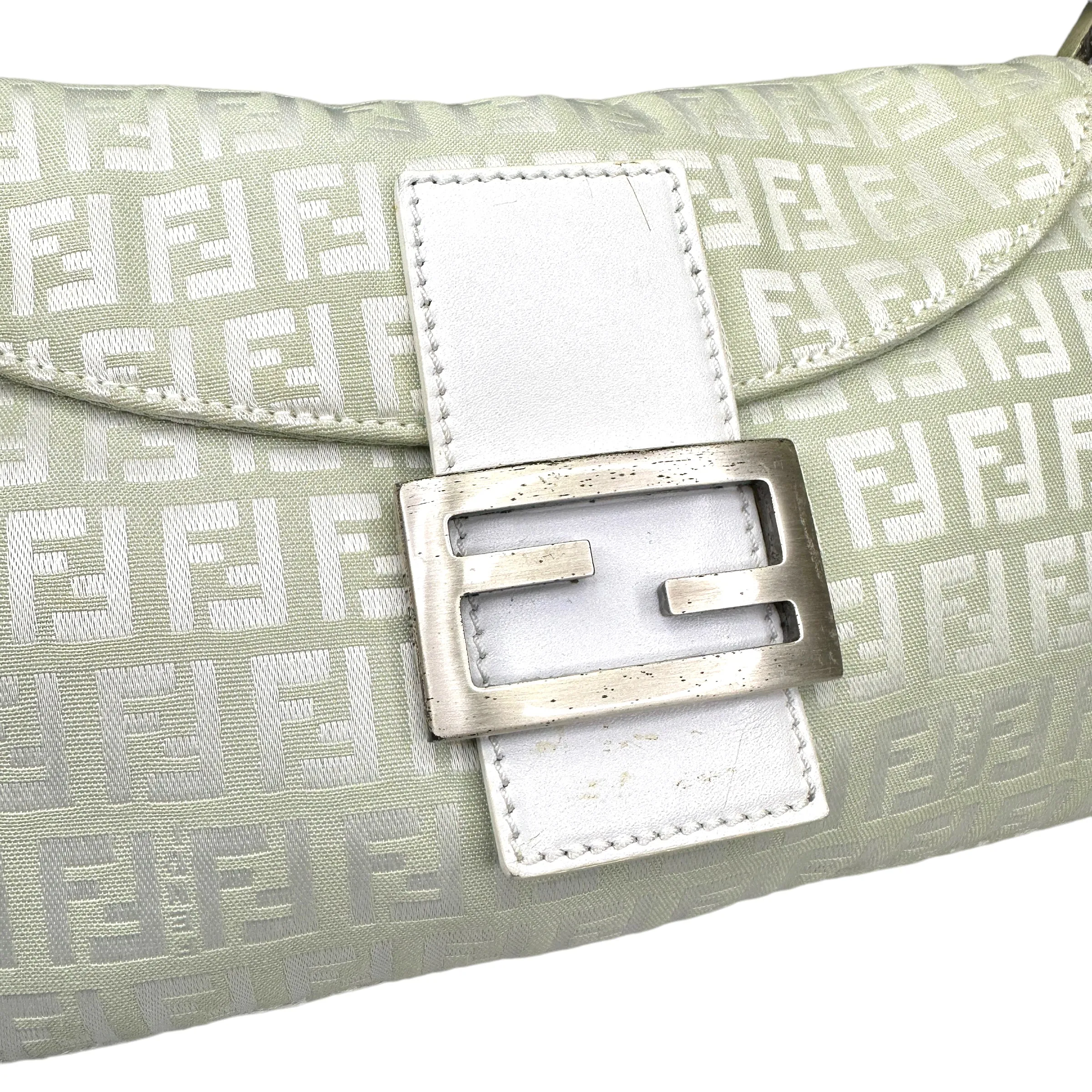 FENDI MINT / WHITE ZUCCHINO CANVAS FLAP BAGUETTE BAG