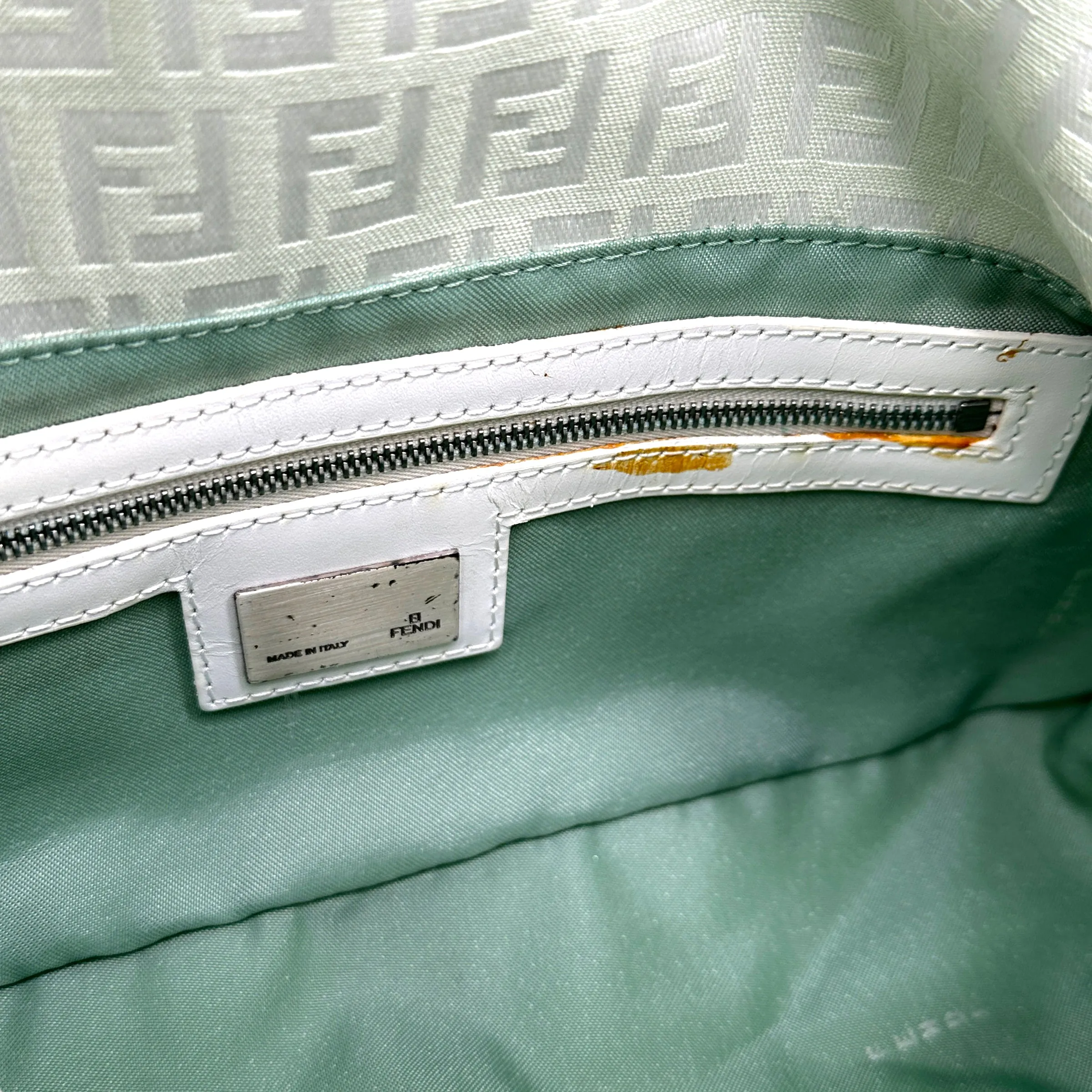 FENDI MINT / WHITE ZUCCHINO CANVAS FLAP BAGUETTE BAG