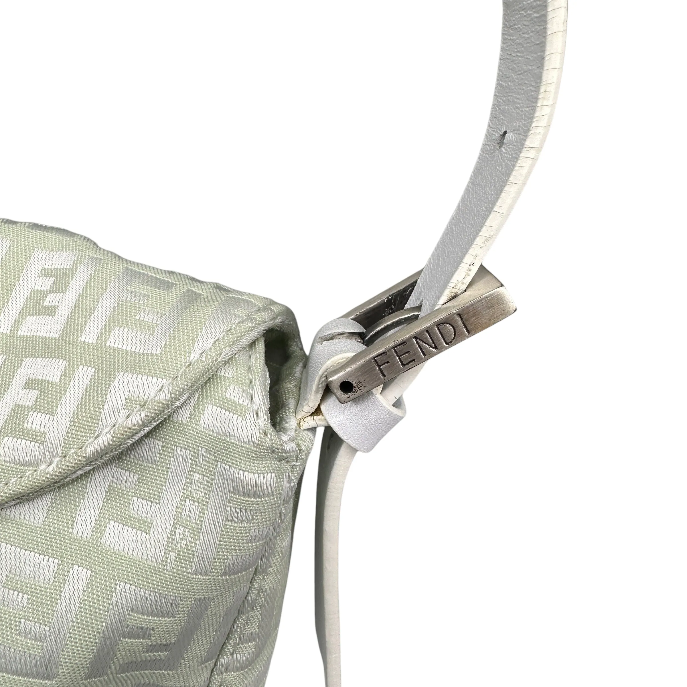 FENDI MINT / WHITE ZUCCHINO CANVAS FLAP BAGUETTE BAG