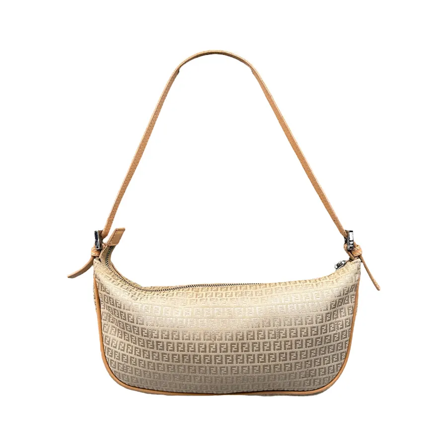 FENDI NANO ZUCCHINO CANVAS SHOULDER BAG - BEIGE CANVAS / TAN LEATHER