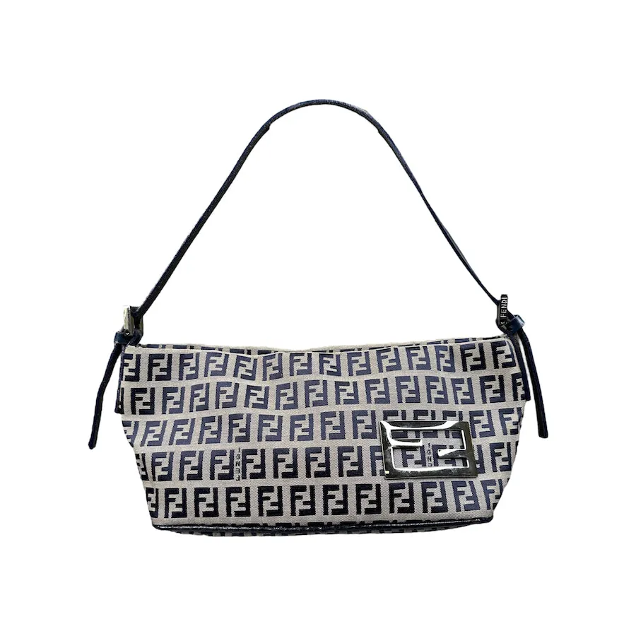 FENDI ZUCCHINO CANVAS SATIN-LINED BOAT POCHETTE - NAVY / GREY