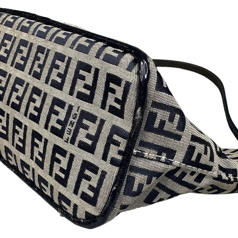 FENDI ZUCCHINO CANVAS SATIN-LINED BOAT POCHETTE - NAVY / GREY