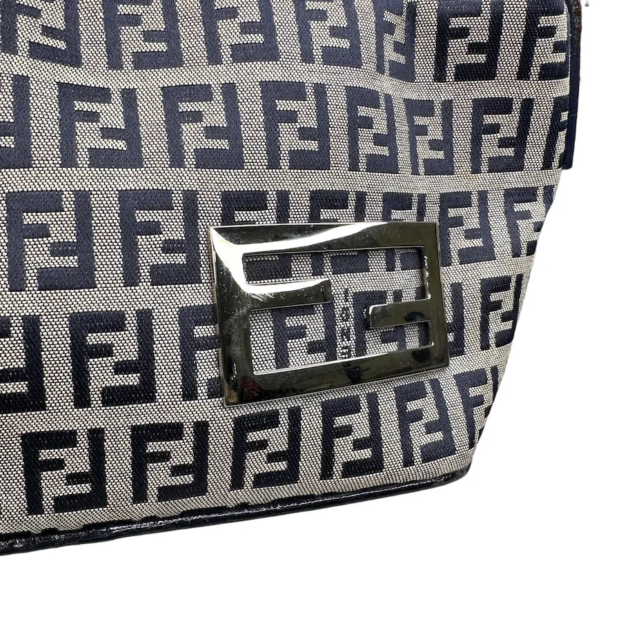 FENDI ZUCCHINO CANVAS SATIN-LINED BOAT POCHETTE - NAVY / GREY