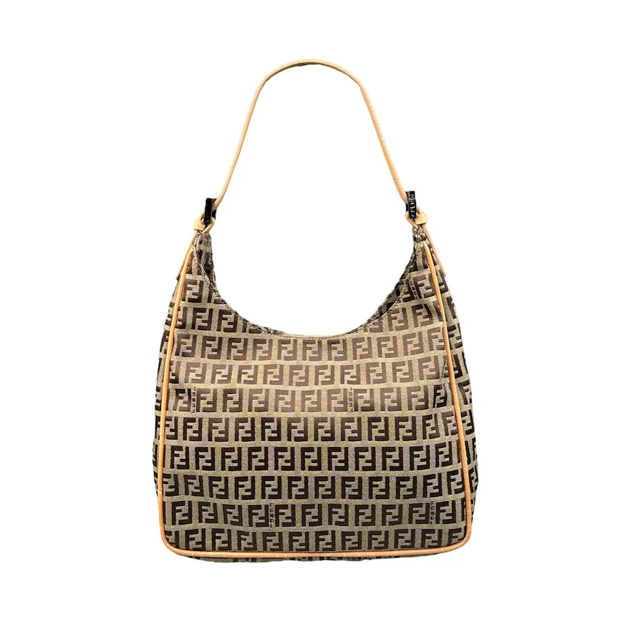 FENDI ZUCCHINO CANVAS SHOULDER BAG - BEIGE CANVAS / TAN LEATHER