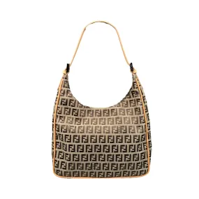 FENDI ZUCCHINO CANVAS SHOULDER BAG - BEIGE CANVAS / TAN LEATHER