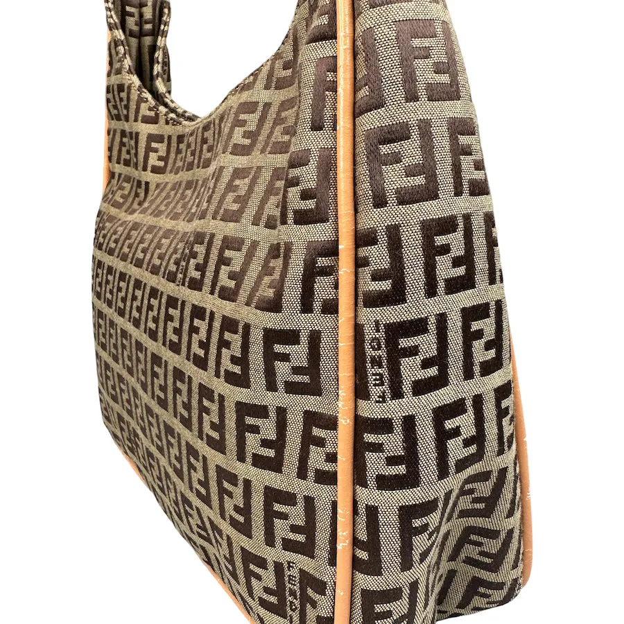 FENDI ZUCCHINO CANVAS SHOULDER BAG - BEIGE CANVAS / TAN LEATHER