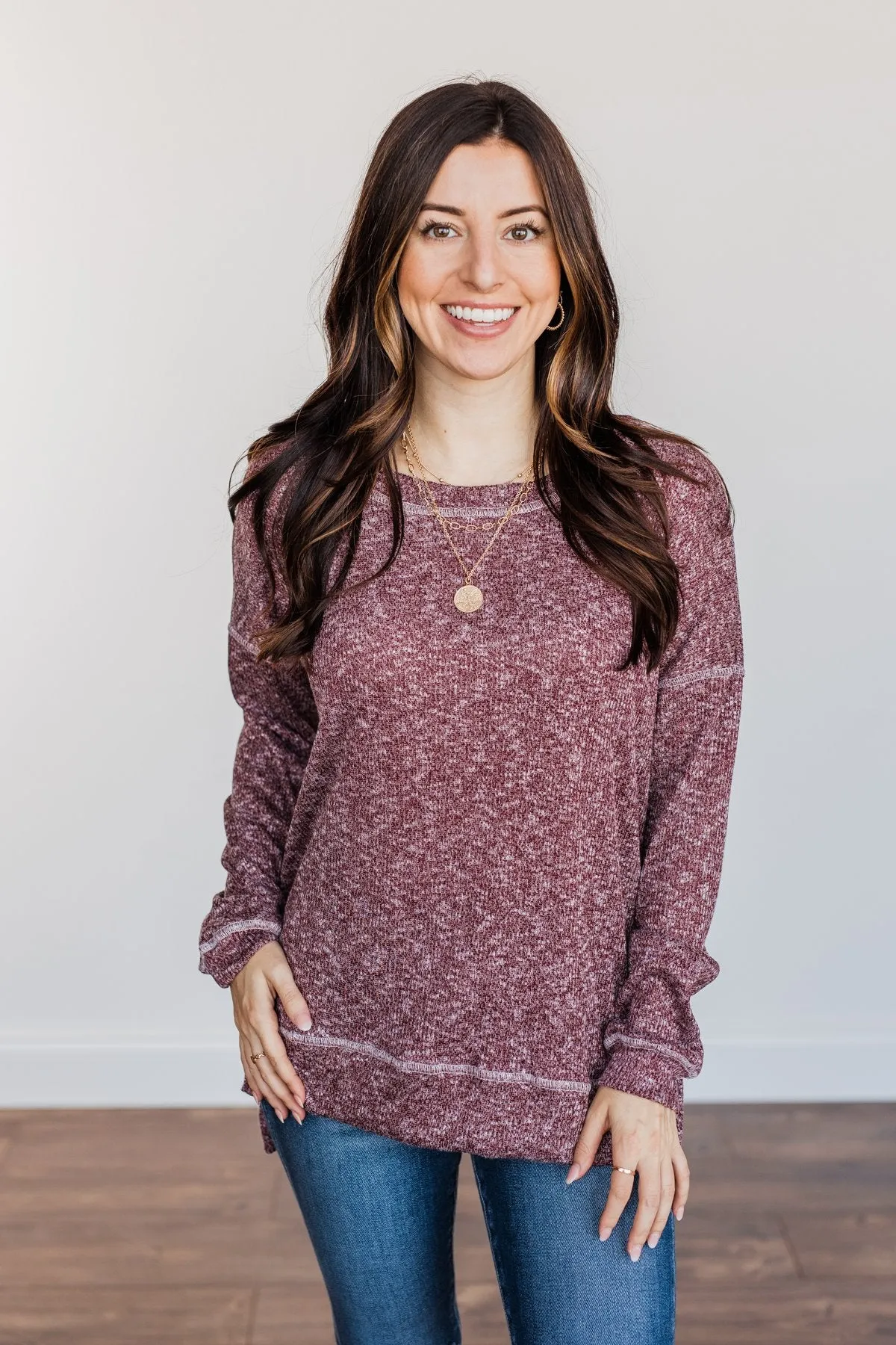 Free To Dream Knit Long Sleeve Top- Heathered Plum