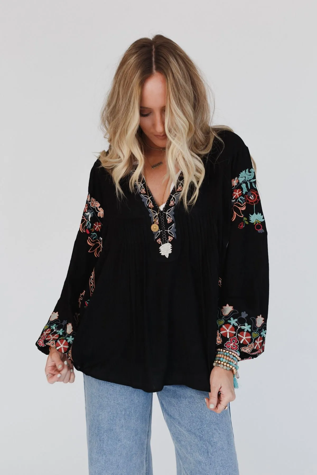 Frida Embroidered Dolman Sleeve Top - Black