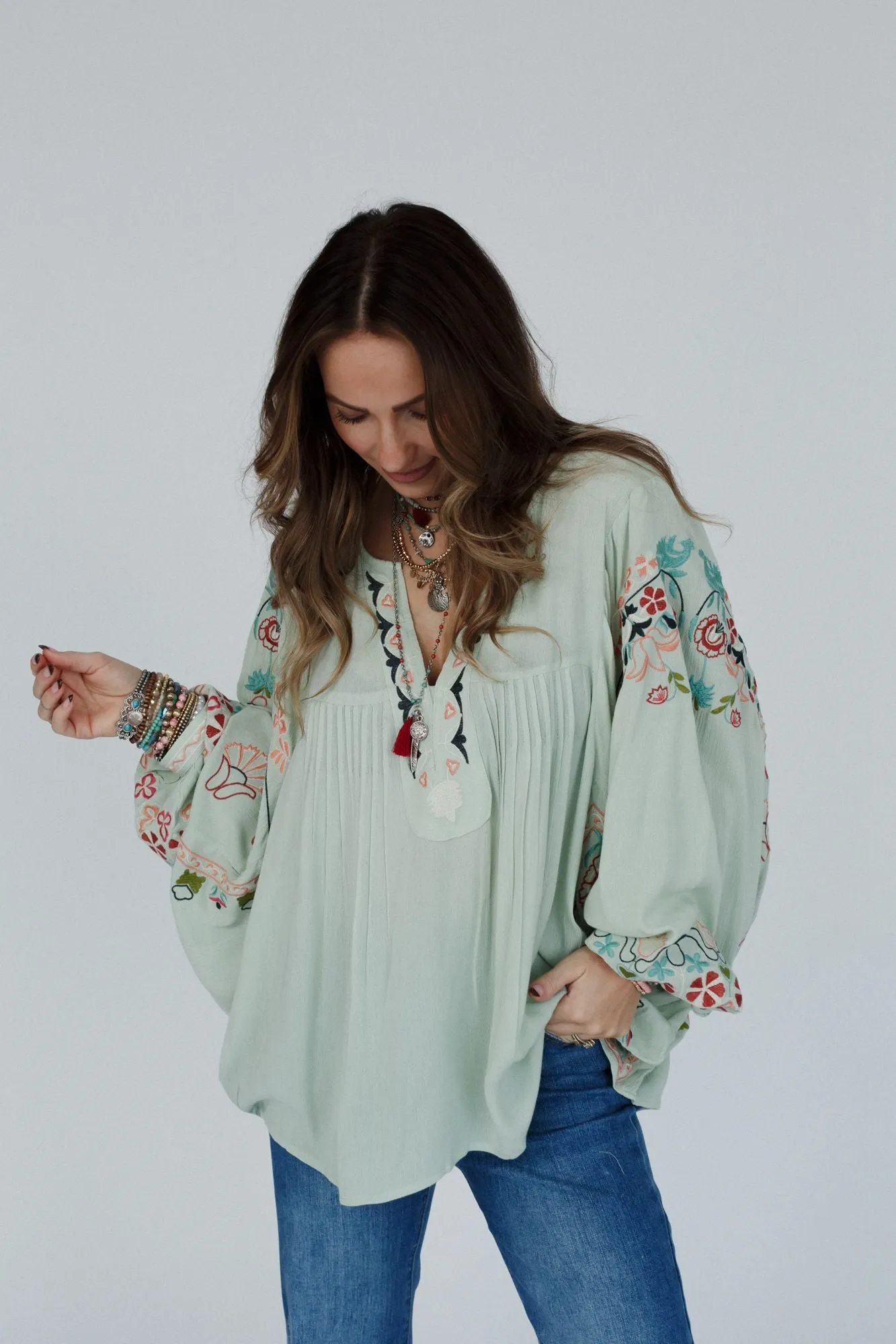 Frida Embroidered Dolman Sleeve Top - Mint