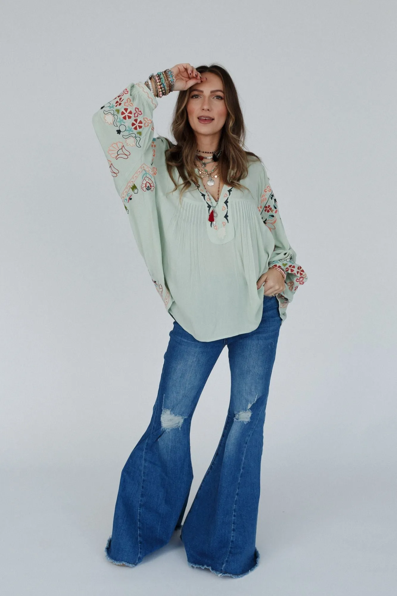 Frida Embroidered Dolman Sleeve Top - Mint