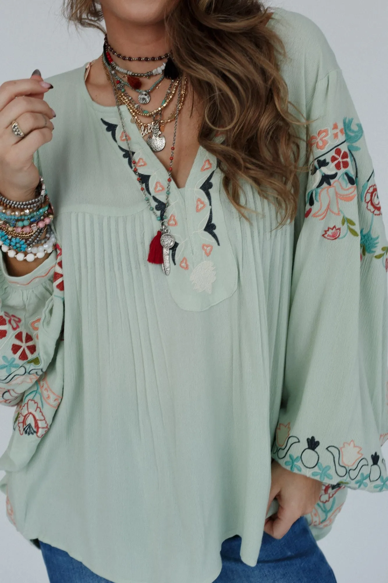 Frida Embroidered Dolman Sleeve Top - Mint