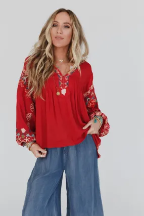 Frida Embroidered Dolman Sleeve Top - Red Orange