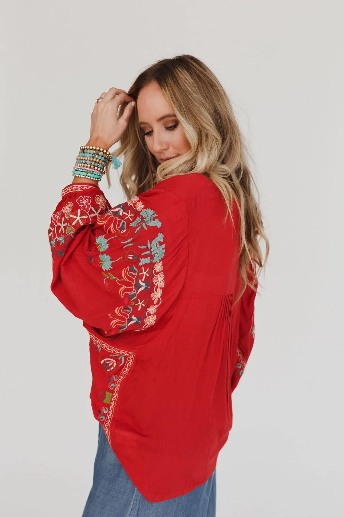 Frida Embroidered Dolman Sleeve Top - Red Orange