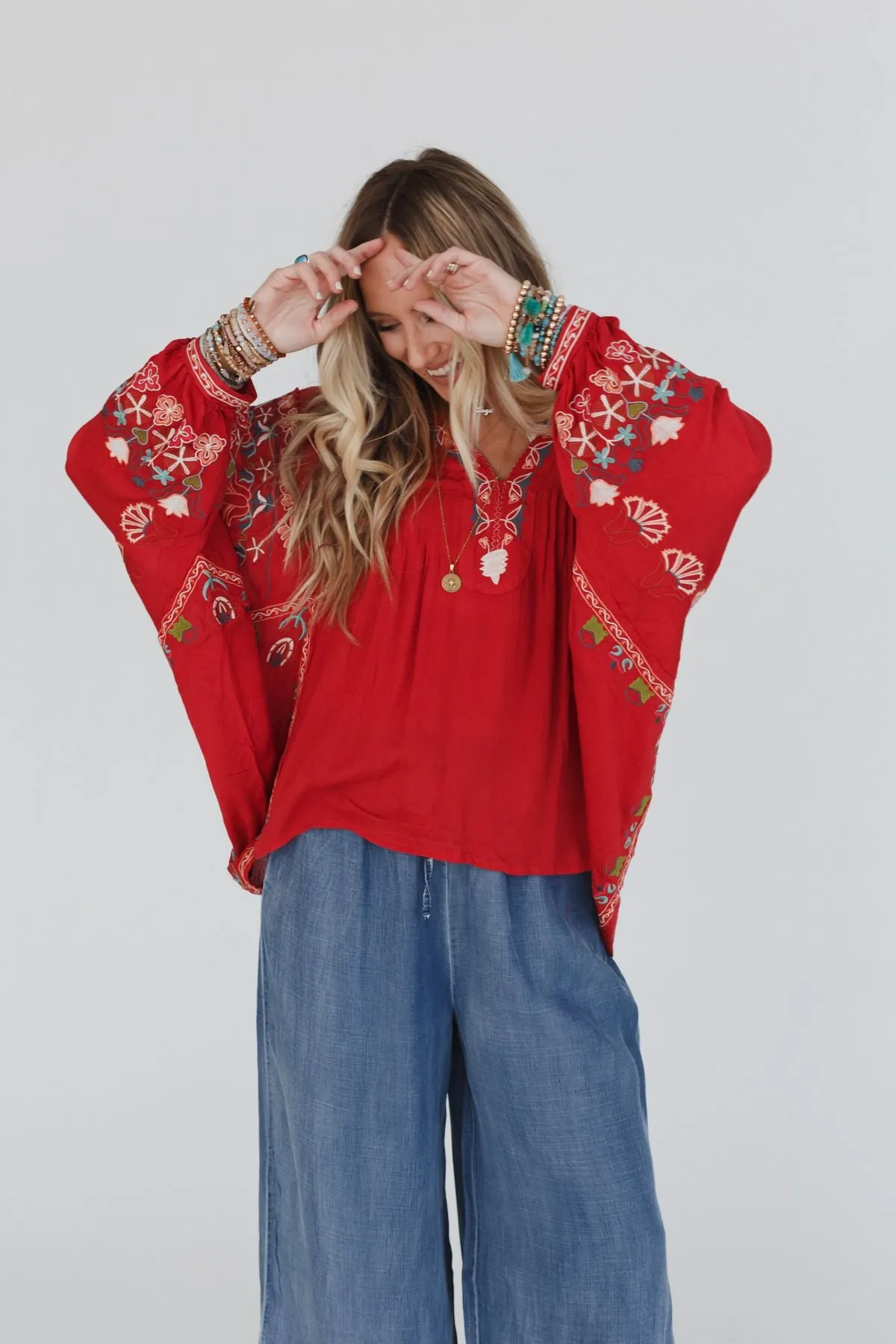 Frida Embroidered Dolman Sleeve Top - Red Orange