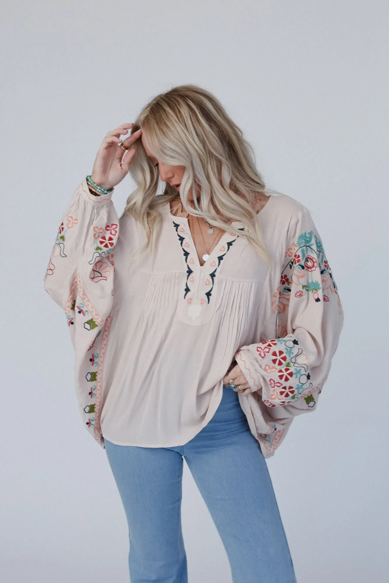 Frida Embroidered Dolman Sleeve Top - Taupe