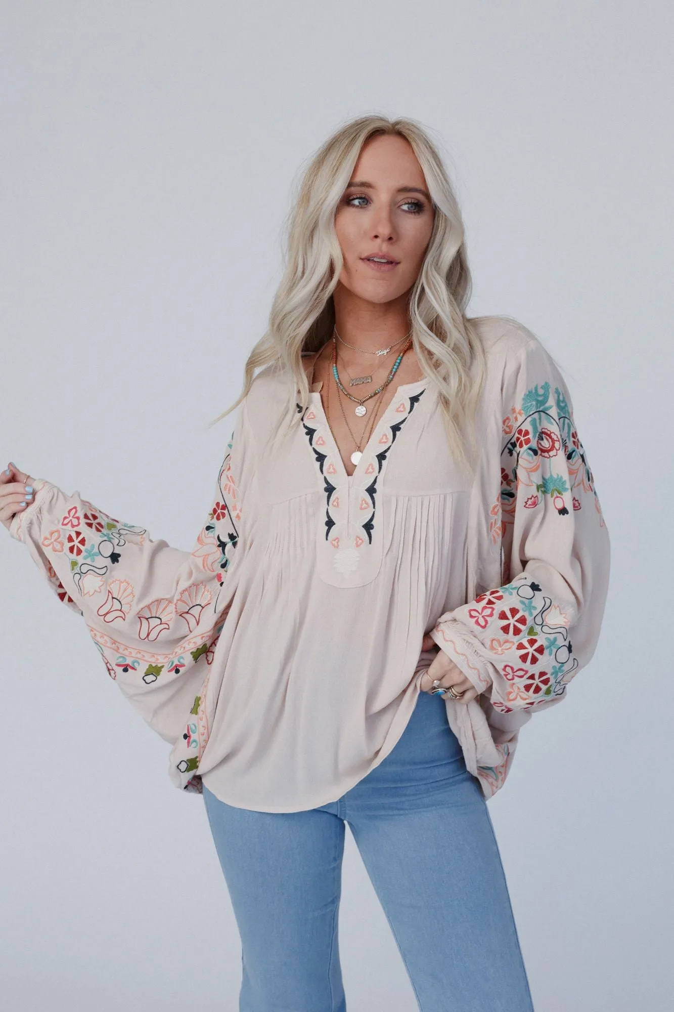 Frida Embroidered Dolman Sleeve Top - Taupe