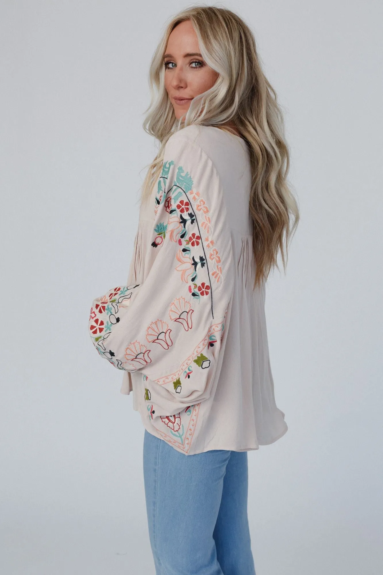 Frida Embroidered Dolman Sleeve Top - Taupe