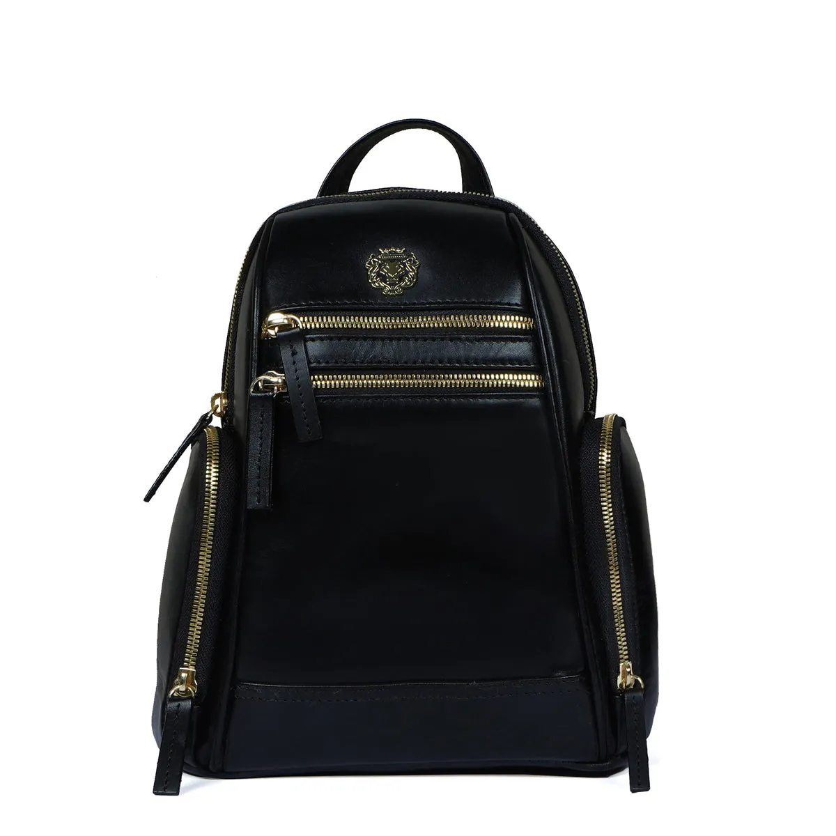 Handcrafted Signature Golden Lion Black Genuine Leather Multi-Pockets Girlish Soft Touch Backpack By Brune & Bareskin