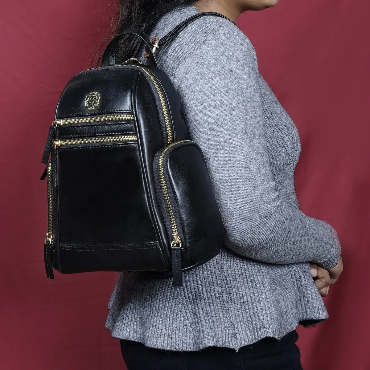 Handcrafted Signature Golden Lion Black Genuine Leather Multi-Pockets Girlish Soft Touch Backpack By Brune & Bareskin