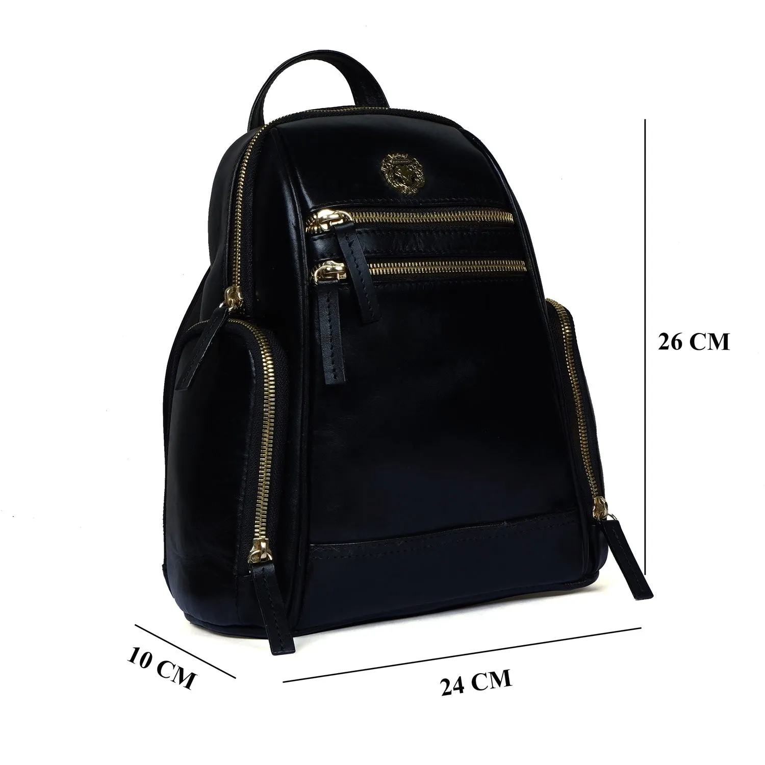 Handcrafted Signature Golden Lion Black Genuine Leather Multi-Pockets Girlish Soft Touch Backpack By Brune & Bareskin