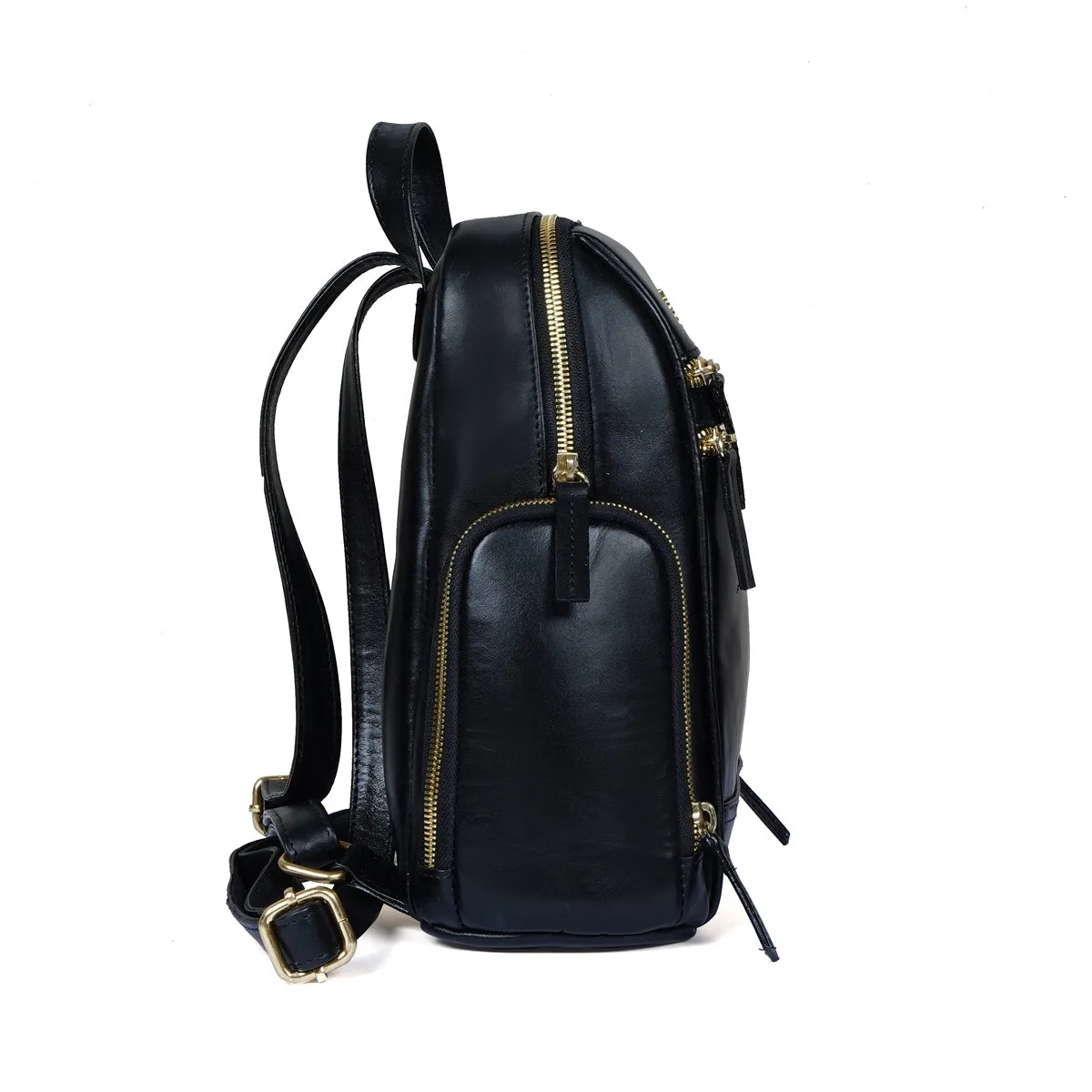 Handcrafted Signature Golden Lion Black Genuine Leather Multi-Pockets Girlish Soft Touch Backpack By Brune & Bareskin