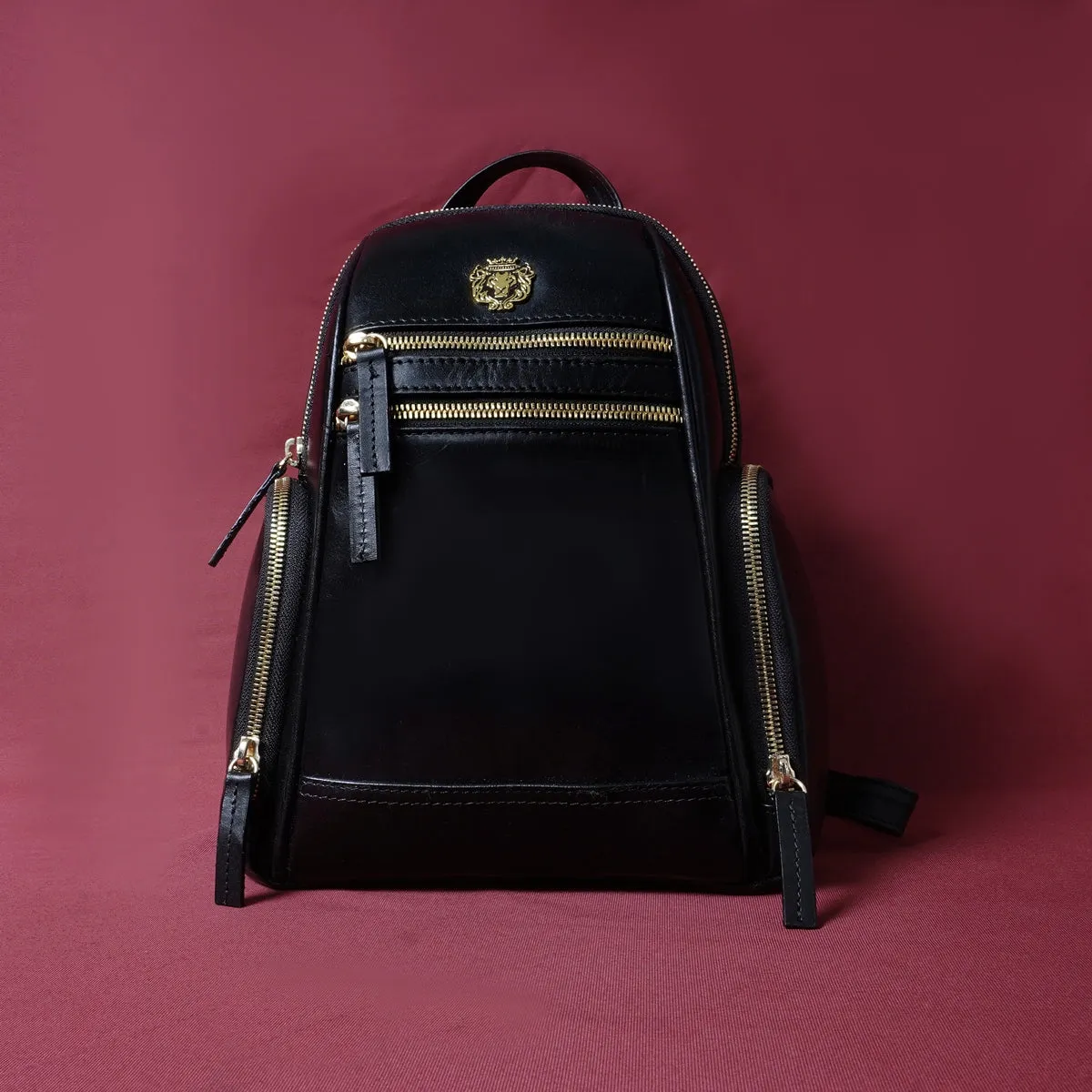 Handcrafted Signature Golden Lion Black Genuine Leather Multi-Pockets Girlish Soft Touch Backpack By Brune & Bareskin