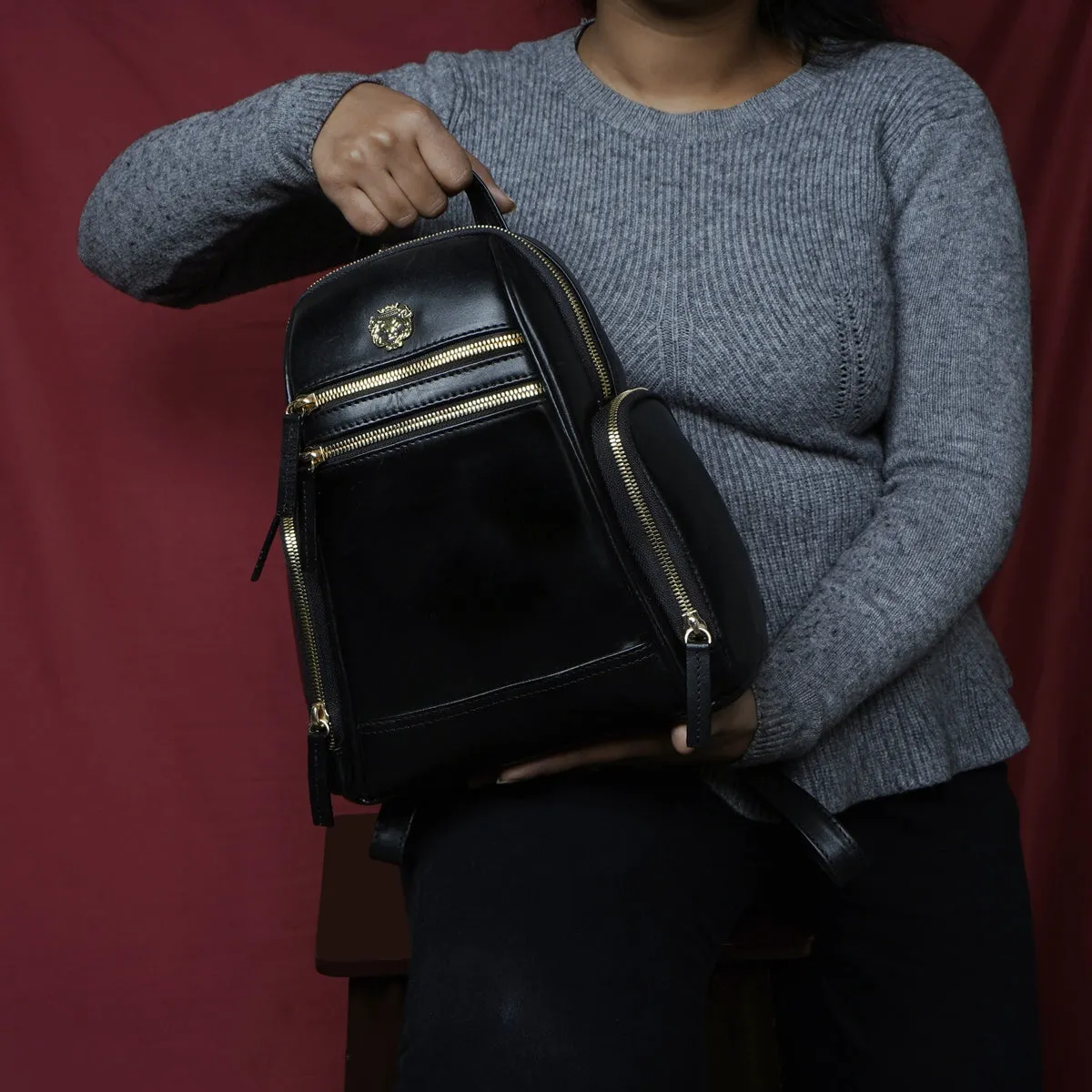 Handcrafted Signature Golden Lion Black Genuine Leather Multi-Pockets Girlish Soft Touch Backpack By Brune & Bareskin