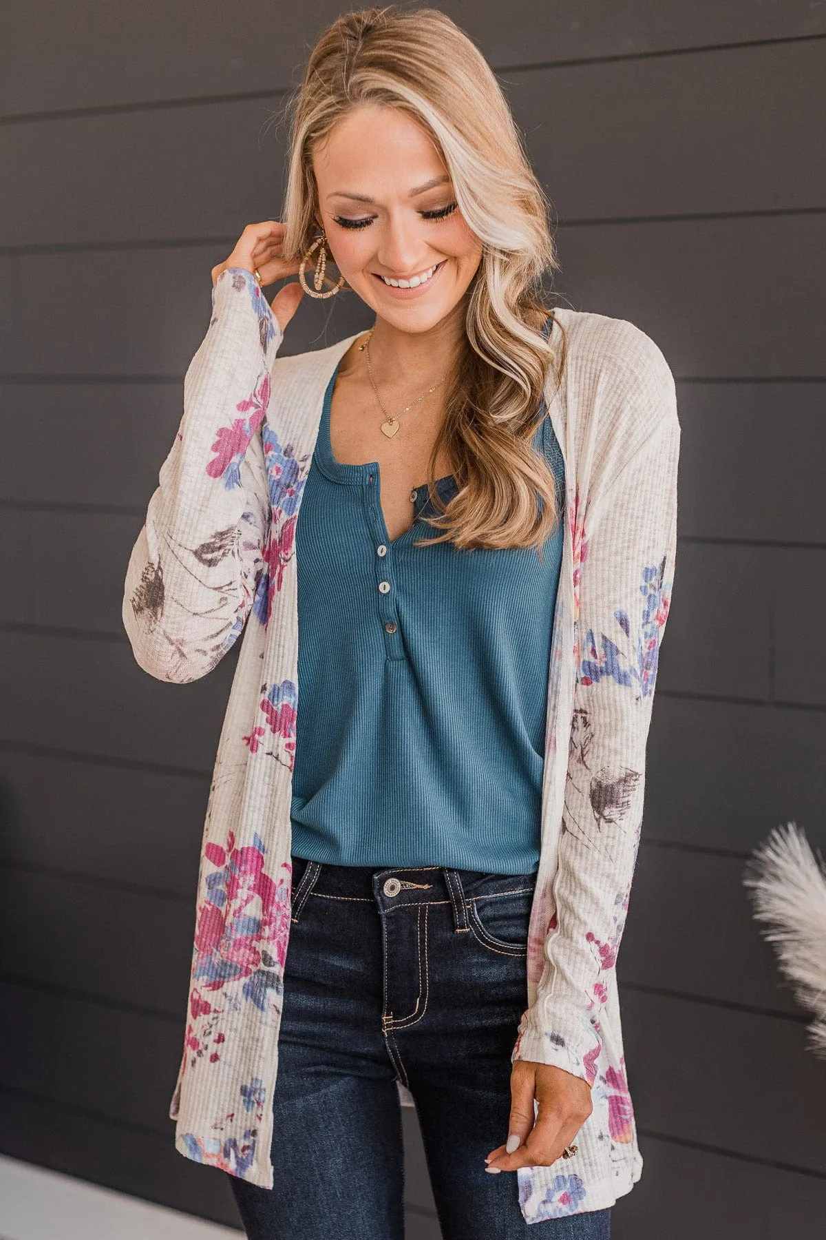 Happiness Guaranteed Floral Knit Cardigan- Magenta & Indigo Blue