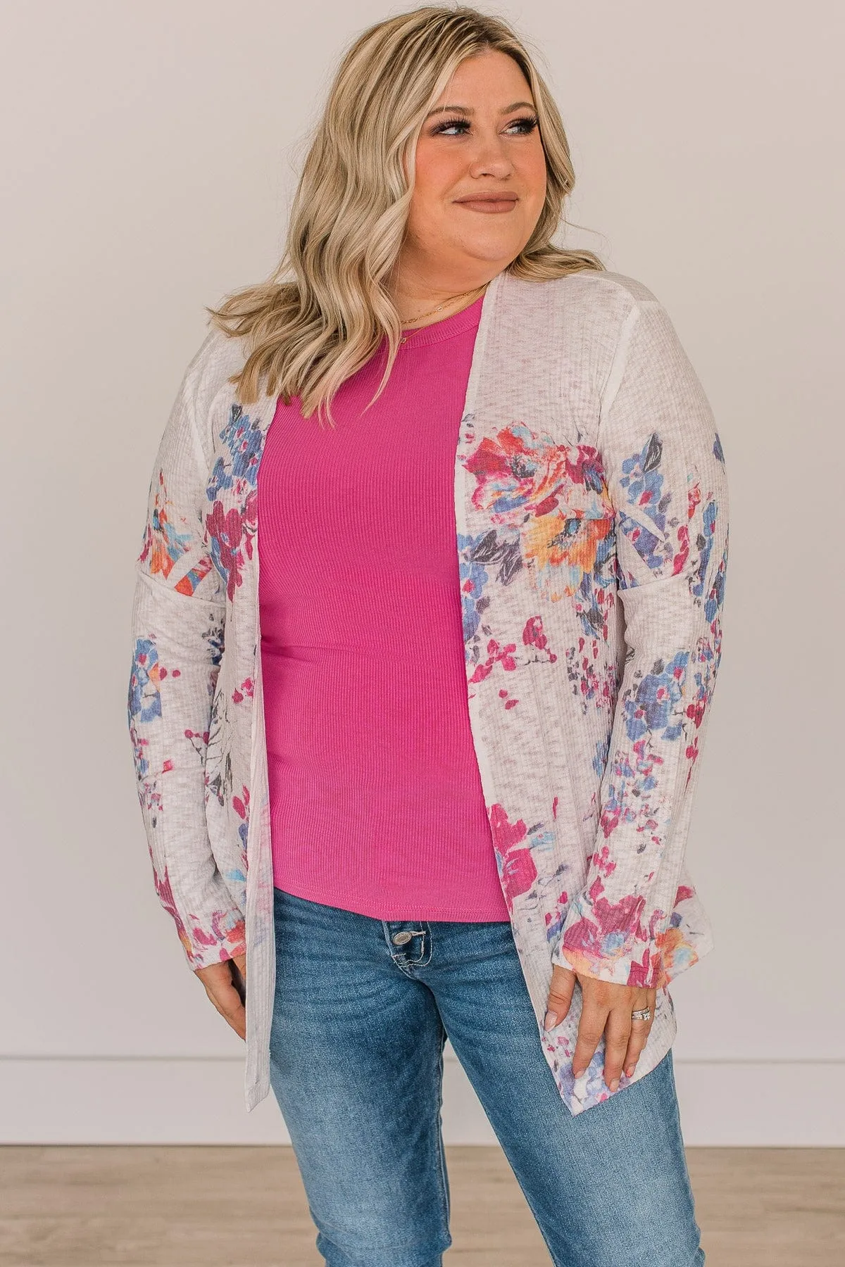 Happiness Guaranteed Floral Knit Cardigan- Magenta & Indigo Blue