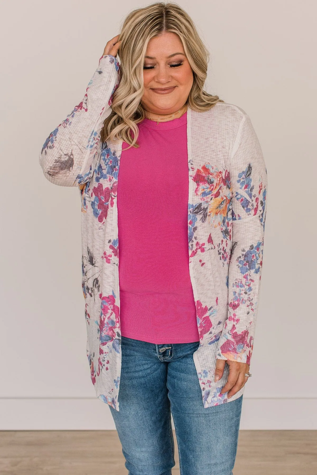 Happiness Guaranteed Floral Knit Cardigan- Magenta & Indigo Blue