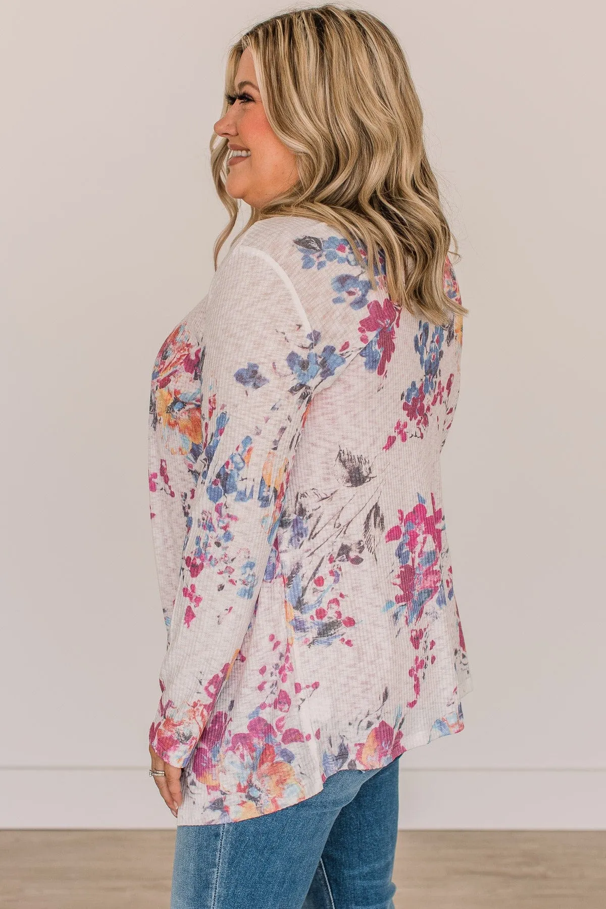 Happiness Guaranteed Floral Knit Cardigan- Magenta & Indigo Blue